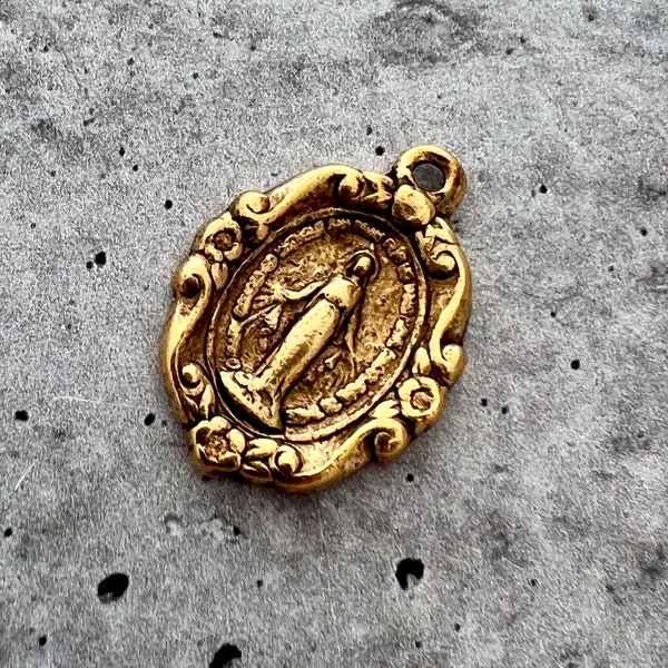 Floral Oval Miraculous Mary Medal, Antiqued Gold Religious Jewelry Making Charm Pendant, Catholic Jewelry, GL-6221