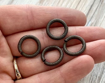 14mm Extra Large Rustic Dark Brown Jump Rings, Thick Textured Antiqued Connectors, Brass Links, 4 Rings Jewelry Supply BR-3006