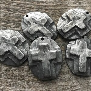 Hammered Artisan Oval Cross Pendant, Antiqued Silver Cross, Leather Pendant, Religious Jewelry, Cross Charm, PW-6080 image 4