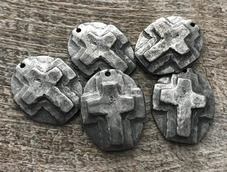 Hammered Artisan Oval Cross Pendant, Antiqued Silver Cross, Leather Pendant, Religious Jewelry, Cross Charm, PW-6080 image 4