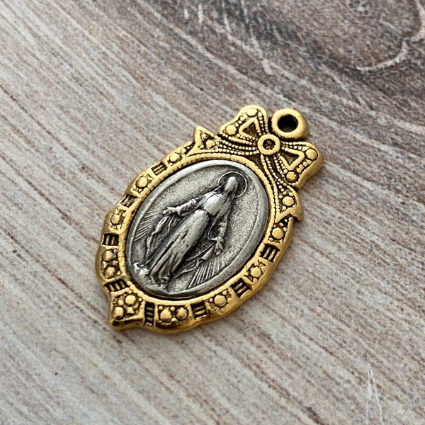 Two Tone Mary Bow Medal, Antiqued Gold and Silver Miraculous Medal, Catholic Religious Charm Pendant, Religious Jewelry, GL-6060