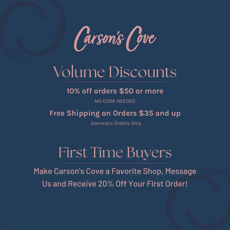 The image is a promotional graphic for Carson's Cove, featuring a blue background with text and a circular design element.