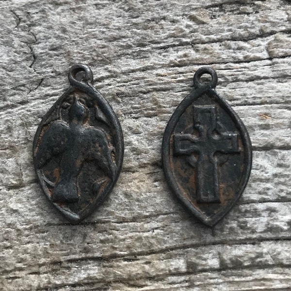 2 Cross Charm, Dove Charm, Holy Spirit Medal, Bird Charm, Religious Jewelry, Saint Esprit, Rustic Brown Cross, Jewelry Making, BR-6037