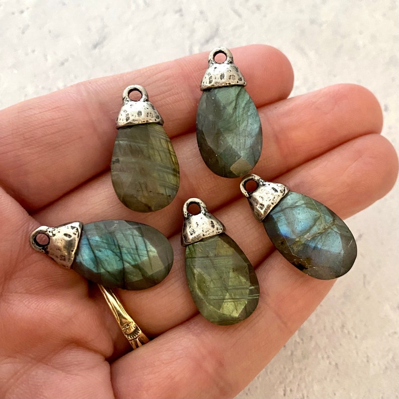 Labradorite Pear Faceted Briolette Drop Pendant with Silver Pewter Bead Cap, Jewelry Making Artisan Findings, PW-S021 image 1