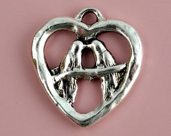 Silver Lovebirds Charm, Heart Pendant, Artisan Vintage Jewelry Making Supplies, SL-6362