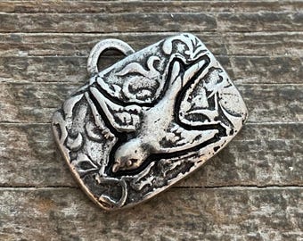 Bird Pendant, Antiqued Silver Rectangle Nature Charm for Jewelry Making, PW-6117