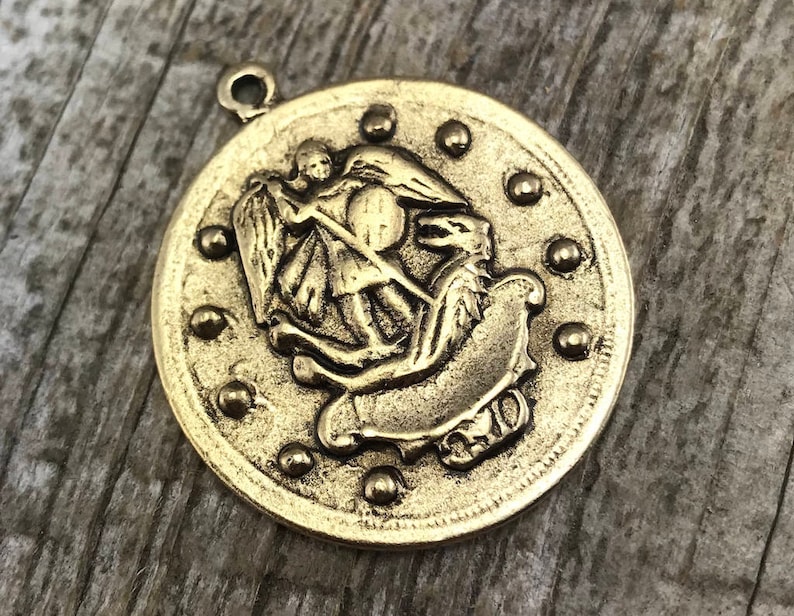 St Michael Catholic Medal Antique Gold Pendant Archangel Image 0