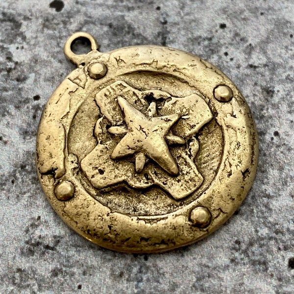 Compass Rose Cross Pendant, Antiqued Gold Pendant, Old World, Jewelry Supplies GL-6091