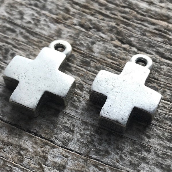 2 Cross Charm, Silver Cross, Small Cross, Square Block Cross, Modern Cross, Cross Pendant, Jewelry Making Supplies, Religious, SL-6011