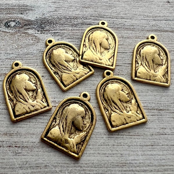 2 Arched Mary Medal, Catholic Religious Pendant, Blessed Mother, Antiqued Gold Jewelry Charm, GL-6237