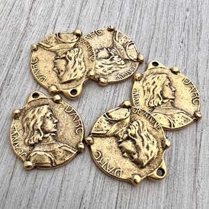 Small Joan of Arc Medal with Frame, Antiqued Gold Charm Pendant, Catholic Jewelry Supplies, GL-6224