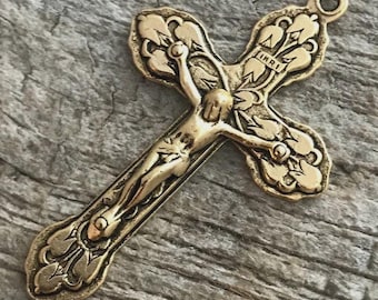 Grande crocifisso, grande ciondolo a croce, crocifisso in oro antico, parti del rosario in oro, croce floreale, fornitura di gioielli religiosi cattolici, GL-6036