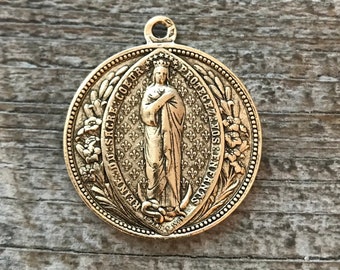 Mary Medal, Sacre Couer Pendant, Sacred Heart Pendant, Gold Pendant, Fleur de Lis, Rosary, Catholic Pendant, Christian Jewelry, GL-6042