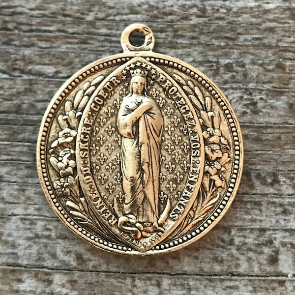 Mary Medal, Sacre Couer Pendant, Sacred Heart Pendant, Gold Pendant, Fleur de Lis, Rosary, Catholic Pendant, Christian Jewelry, GL-6042