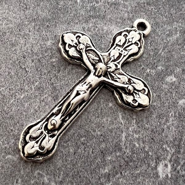 Large Crucifix, Large Cross Pendant, Silver Crucifix, Silver Rosary Parts, Floral Cross, Catholic Jewelry Supply, Religious, SL-6036