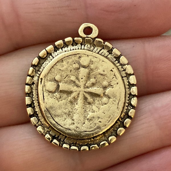 Dotted Ancient Circle Cross Charm Token, Antiqued Gold Religious Christian Jewelry Making Supplies, GL-6166