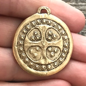 Bumpy Dotted Ancient Cross Token, Antiqued Gold, Artisan Pendant Charm, GL-6072