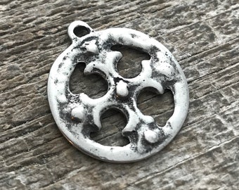 Ancient Circle Cross Charm, Cross Coin Token, Silver Religious Cross, Antiqued Silver Charm, Christian Jewelry Making Supplies, PW-6055