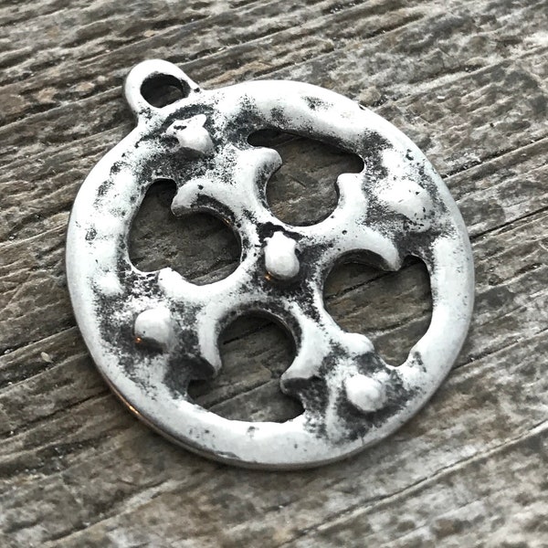 Ancient Circle Cross Charm, Cross Coin Token, Silver Religious Cross, Antiqued Silver Charm, Christian Jewelry Making Supplies, PW-6055
