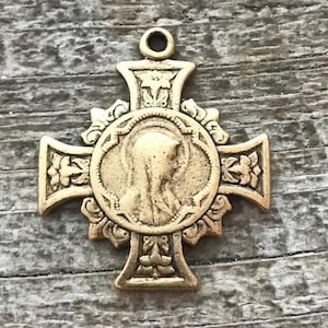 Mary Cross, Cross Pendant Medal, Antique Gold Cross, Gold Rosary Parts, Floral Cross, Catholic Jewelry Supply, Religious Jewelry, GL-6137