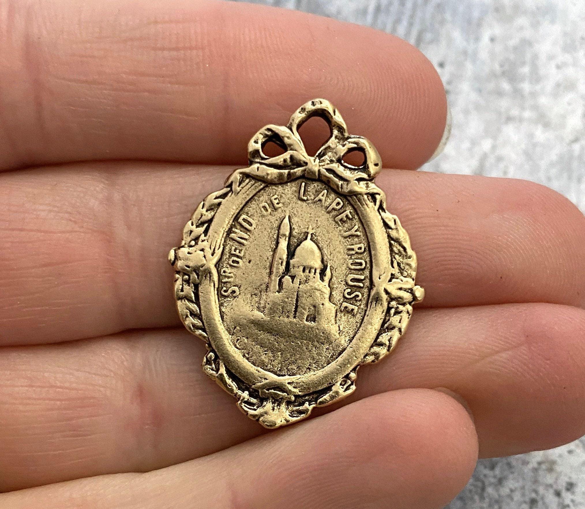 French Mary Medal With Bow, Notre Dame of Lapeyrouse, Antiqued Gold ...