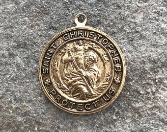 St. Christopher, Catholic Medal, Antique Gold Pendant, Medallion, Religious Charm, Religious Jewelry, Protect Us, Key Chain, GL-6093