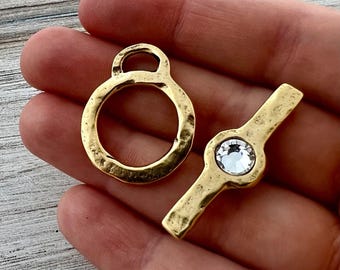 Large Organic Rhinestone Toggle, Antiqued Gold Closure Clasp, Artisan Necklace Jewelry Components, GL-6275