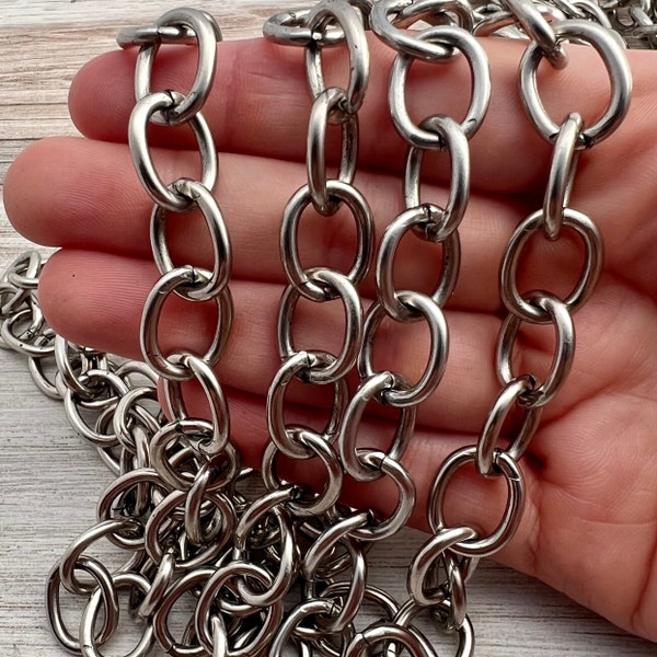 Chunky Antiqued Silver Chain, Large Oval Cable Links, Bulk Chain By Foot, Necklace Bracelet Making, PW-2057