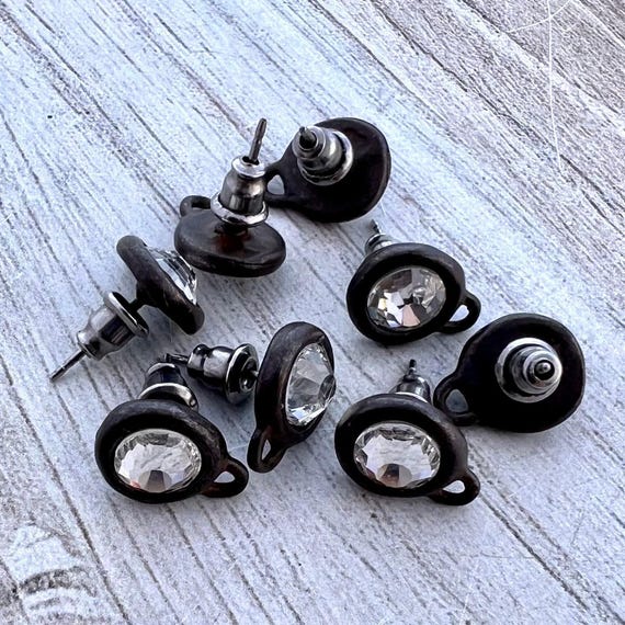 Pair of Rhinestone Crystal Studs, Rustic Brown Earring Posts, Jewelry Making Artisan Findings, BR-6289