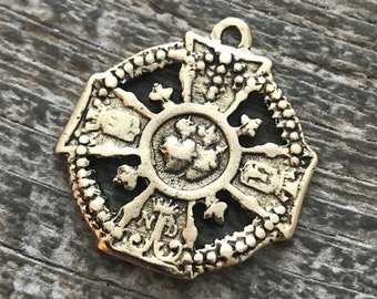 Sacred Immaculate Heart Cross, Notre Dame Catholic Religious French Medal, Antiqued Gold Charm, Jewelry Making Supplies, GL-6070