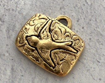 Bird Pendant, Antiqued Gold Rectangle Nature Charm for Jewelry Making, GL-6117