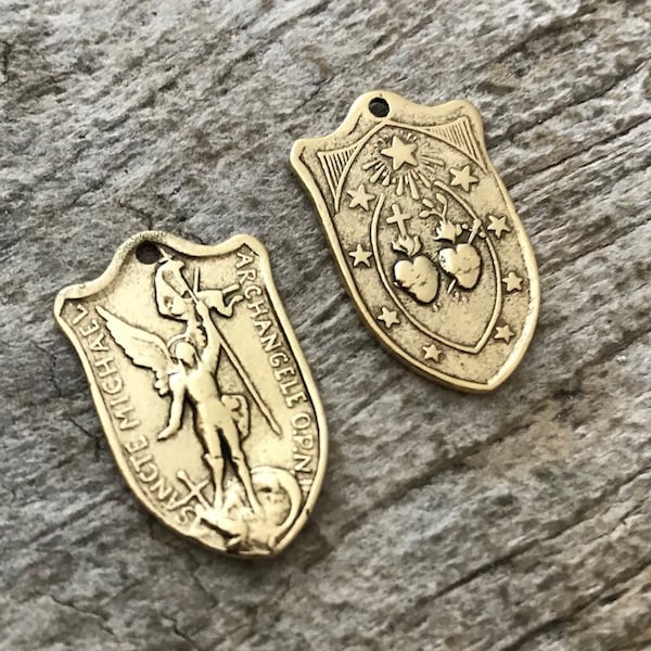 2 St. Michael Medal, Catholic Medal, Antiqued Gold Charm, Archangel Michael Shield, Religious Charm, Protect Us, Christian Jewelry, GL-6186