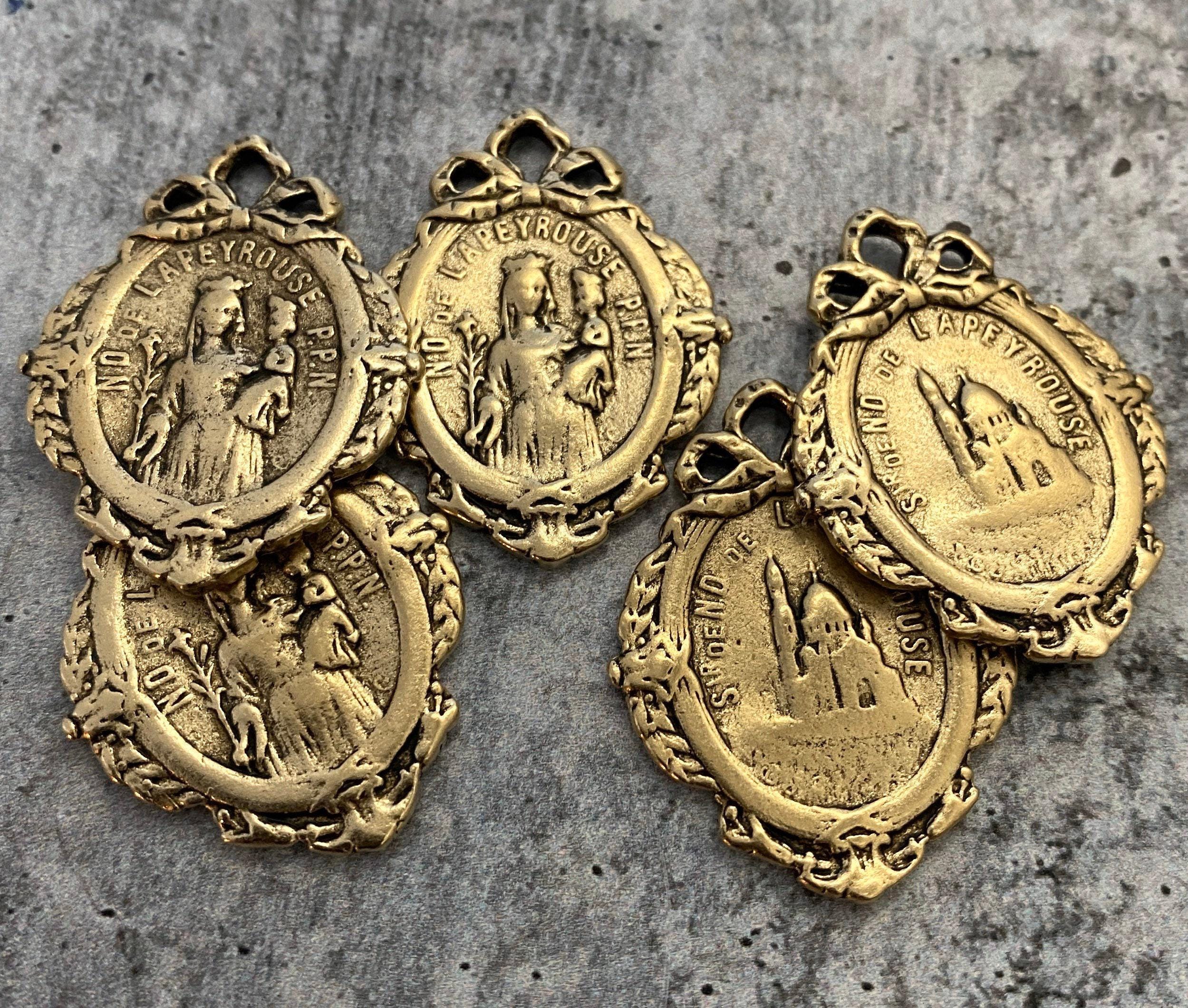French Mary Medal With Bow, Notre Dame of Lapeyrouse, Antiqued Gold ...