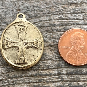 Archangel St. Michael, Catholic Medal, Antiqued Gold Cross Pendant, Religious Charm, Protect Us, Protection Christian Jewelry, GL-6177