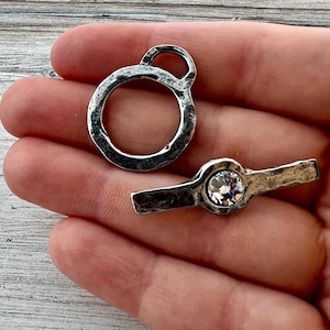 Large Organic Rhinestone Toggle, Antiqued Pewter Closure Clasp, Artisan Necklace Jewelry Components, PW-6275