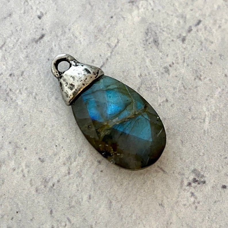 Labradorite Pear Faceted Briolette Drop Pendant with Silver Pewter Bead Cap, Jewelry Making Artisan Findings, PW-S021 image 4