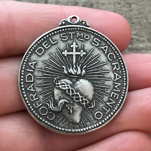 Sacred Heart Pendant, St. Augustine Medal, Antiqued Silver Pendant, Catholic Christian Jewelry, PW-6064
