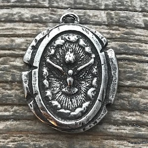 Wax Seal Dove Medal, Catholic Religious Holy Spirit Pendant, Oxidized Antiqued Silver Charm, Religious Jewelry, PW-6063