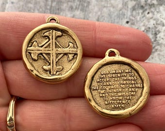 Soldered Serenity Prayer Coin, Pocket Cross Charm, Sobriety Token, Antiqued Gold Religious Christian Men&#39;s Jewelry, GL-6090