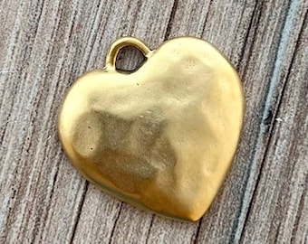 Gold Medium Heart Pendant, Vintage Smooth Puffy Heart Charm, Jewelry Making, GL-6267