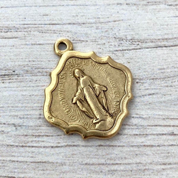 Miraculous Medal, Catholic Religious Antiqued Gold, Diamond Shaped Charm Pendant, Religious Jewelry Supplies, GL-6128