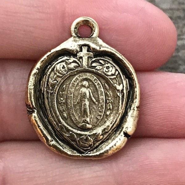 Wax Seal Mary Heart Medal, Catholic Religious Pendant, Blessed Mother, Antiqued Gold Charm, Religious Jewelry, GL-6053