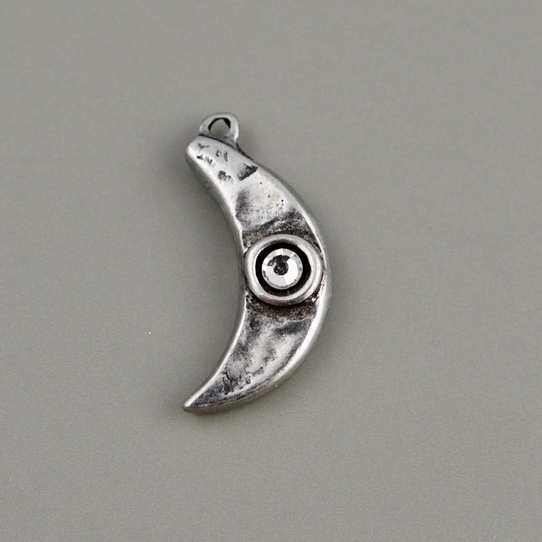 Small Textured Crescent Moon Crystal Rhinestone Pendant, Silver