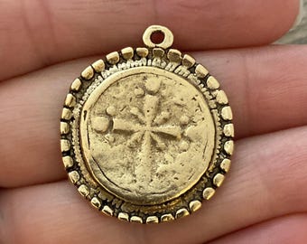 Dotted Ancient Circle Cross Charm Token, Antiqued Gold Religious Christian Jewelry Making Supplies, GL-6166