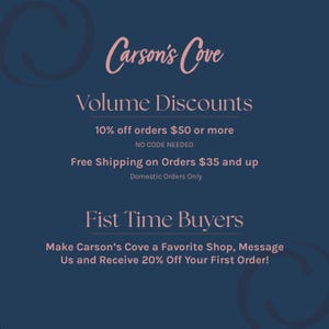 The image is a promotional graphic for Carson's Cove, featuring a blue background with white text and a pink and blue design element.