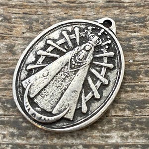 Our Lady of Lujan Medal, Catholic Religious Pendant, Blessed Mother, Antiqued Oxidized Silver Charm, Religious Jewelry, PW-6103