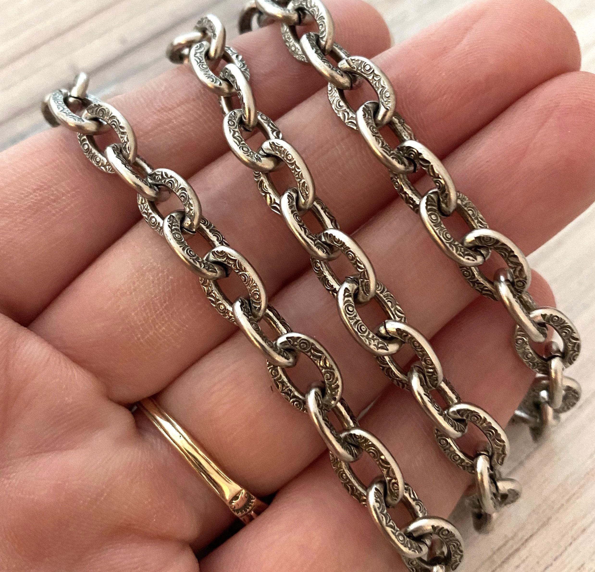 Large Silver Chain With Design, Thick Antiqued Silver Chain, Chain