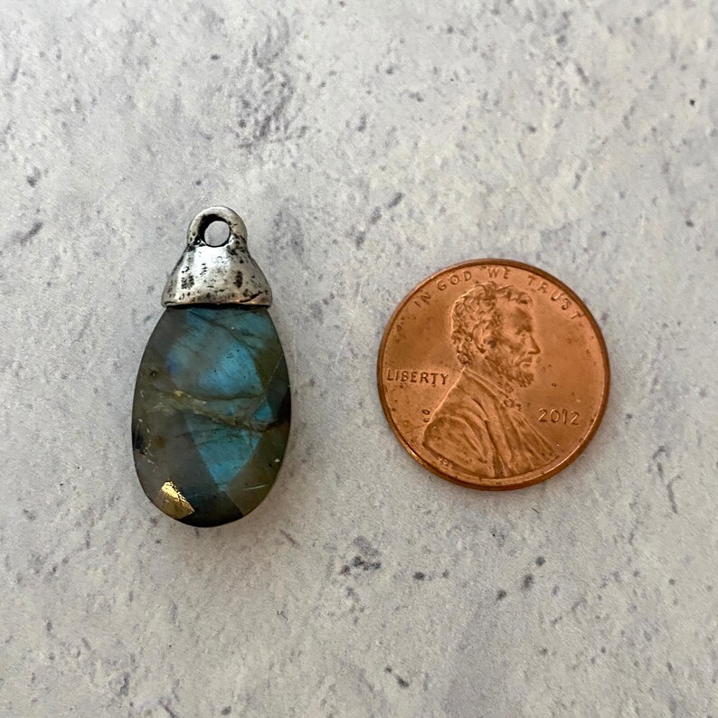 Labradorite Pear Faceted Briolette Drop Pendant with Silver Pewter Bead Cap, Jewelry Making Artisan Findings, PW-S021 image 5