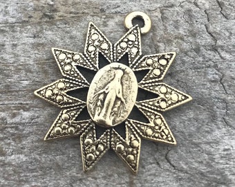 Miraculous Medal, Mary Medal, Star Charm, Gold Medal Charm, Religious Art Deco Charm, Rosary, Catholic Pendant, Christian Jewelry, GL-6033