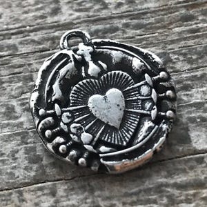 Wax Seal Medal, Catholic Religious Immaculate Heart of Seven 7 Sorrows, Sacred, Oxidized Antiqued Silver Charm, Religious Jewelry, PW-6062